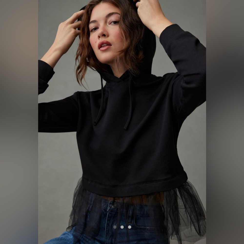 Pilcro Women's Black Tulle Hoodie Top